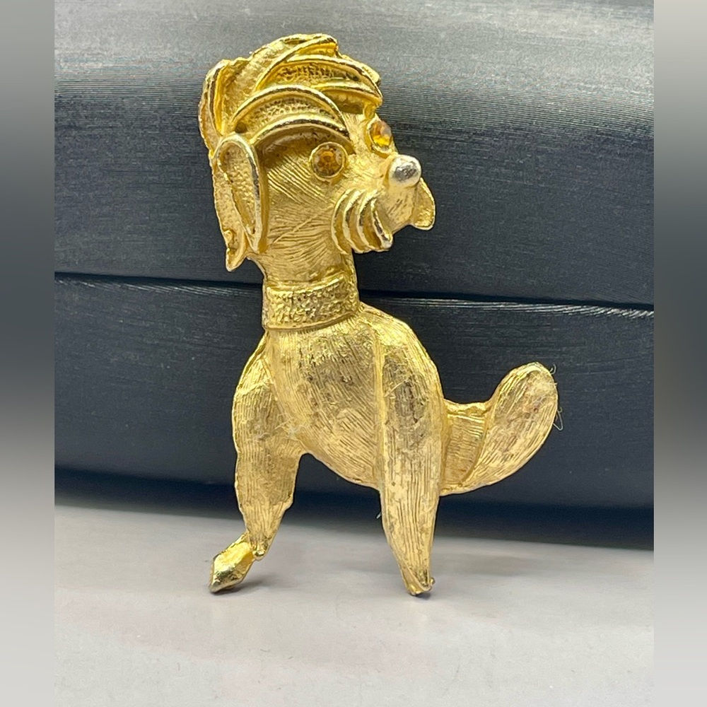 Vintage Gold Tone Whimsical Dog Poodle Brooch Pin with Amber Rhinestone Eyes